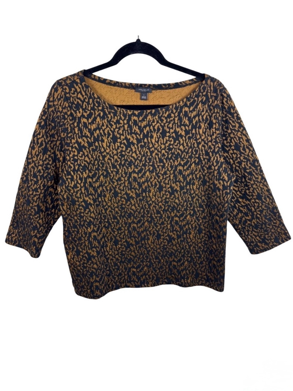 Ann Taylor Factory Women Large Black Camel Animal Print Boat Neck 3/4 Sleeve Top